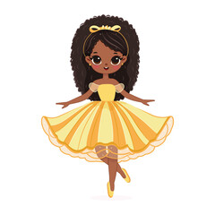 Cute and pretty girl is dancing in a beautiful yellow dress on white background. Poster, Banner, Flyer, Greeting Card. Vector illustration in flat cartoon style