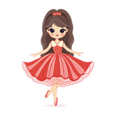 Cute and pretty girl is dancing in a beautiful red dress on white background. Poster, Banner, Flyer, Greeting Card. Vector illustration in flat cartoon style