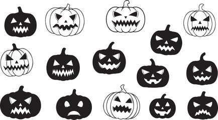Obraz premium “Halloween Pumpkin Faces Silhouette Collection – Spooky Jack-O’-Lantern Vector Set”