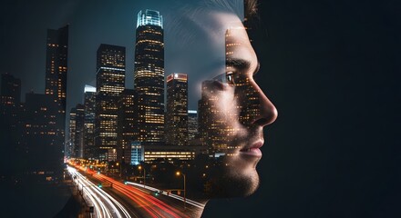 Man s profile with cityscape overlay urban dreams and nighttime reflections in double exposure