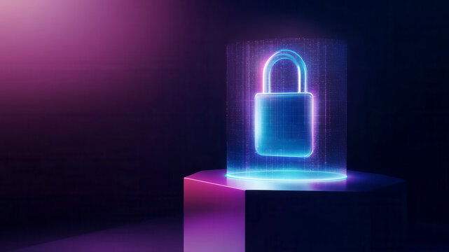 Digital pad lock hologram displayed on a pedestal, surrounded by vibrant neon lights, representing security, technology, and modern digital protection concepts in a futuristic environment