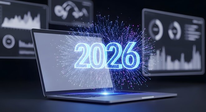 Futuristic 2026 projection emerging from laptop screen with data visualization background