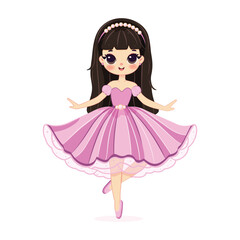 Cute and pretty girl is dancing in a beautiful pink dress on white background. Poster, Banner, Flyer, Greeting Card. Vector illustration in flat cartoon style