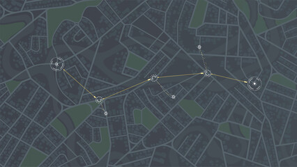 Dark urban top view on city map plan with data points. Vector illustration.