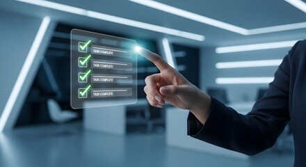 Businesswoman interacting with digital checklist on transparent screen in modern office