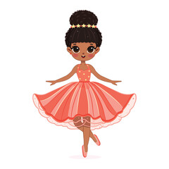 Cute and pretty black girl is dancing in a beautiful red dress on white background. Poster, Banner, Flyer, Greeting Card. Vector illustration in flat cartoon style
