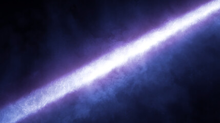Diagonal bright plasma energy beam cutting through dark blue space with smoke and nebula effects, sci-fi laser background