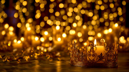 The focus is on the lit candle and the golden light bokeh behind it