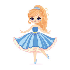 Cute and pretty girl is dancing in a beautiful blue dress on white background. Poster, Banner, Flyer, Greeting Card. Vector illustration in flat cartoon style