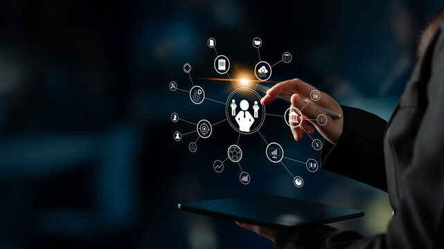 A concept of centralized business management and corporate strategy. A leadership team connecting to all functions like finance, operations, and planning. Motif