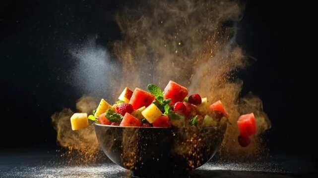 A dynamic slow-motion shot features vibrant, freshly diced fruit, including juicy watermelon, ripe raspberries, and sweet pineapple, arranged in a sophisticated dark bowl. A generous cloud of warm ora