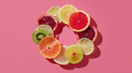 Symmetrical wreath arrangement of sliced citrus fruits including blood orange, lemon, lime,