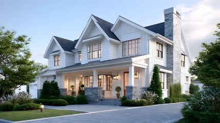 A luxurious modern farmhouse style home featuring white clapboard siding a prominent stone chimney welcoming covered porch and manicured landscaping under a soft evening sky