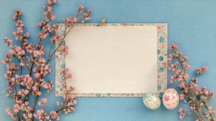 An empty rectangular card field adorned with floral decorations sits centrally against a smooth blue fabric backdrop,