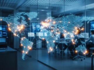 Global Network Control Room With Map Showing Illuminated Connection Points, Server Racks, Monitoring Consoles, Data Streams