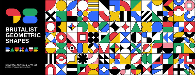 Mega Set of colorful abstract geometric shapes. Bauhaus brutalist minimal Y2K elements collection for modern graphic design, poster, and contemporary layout projects