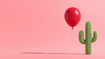 A single red balloon floats above the ground casting a shadow alongside a green cactus standing upright against a plain 