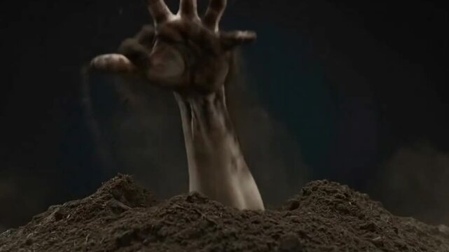 A haunting close-up shot features a human hand slowly and eerily emerging from a mound of dark, rich soil, set against a deep, dark, ambiguous background. The fingers are caked with dirt as they strug