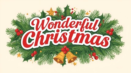 Fototapeta premium Elegant decorative lettering of Wonderful Christmas adorned with holly and pine branches, perfect for festive holiday celebrations