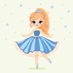 Cute and pretty girl is dancing in a beautiful blue dress on yellow background. Poster, Banner, Flyer, Greeting Card. Vector illustration in flat cartoon style