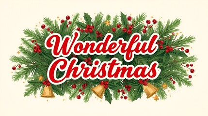 Elegant decorative lettering of Wonderful Christmas adorned with holly and pine branches, perfect for festive holiday celebrations