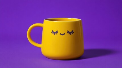 A cheerful yellow mug featuring a hand-drawn face with long eyelashes and a simple smile stands out against a solid purp