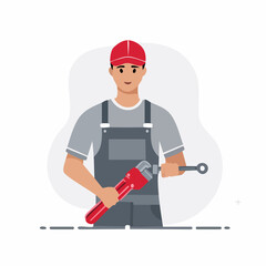 Smiling plumber holding pipe wrench stands confidently in front of a grey backdrop ready to fix plumbing issues with a professional demeanor.