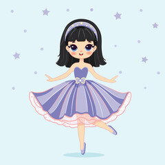 Cute and pretty girl is dancing in a beautiful violet dress on blue background. Poster, Banner, Flyer, Greeting Card. Vector illustration in flat cartoon style
