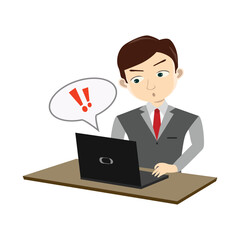 Shocked businessman looking at a laptop screen with an alert symbol. Concept of error or bad news