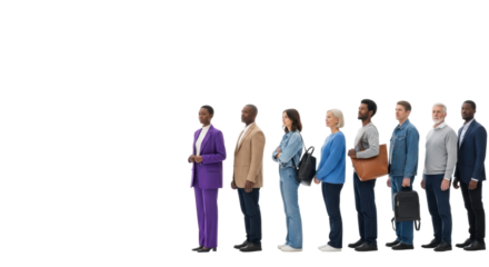 Diverse group of patient individuals, men and women of various ages in purple pantsuit, blazer, casual wear, standing in queue on transparent background with copy space, high-key lighting. Concept of