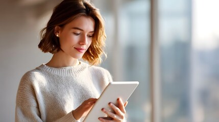 A focused young woman with short blonde hair in a comfortable beige sweater interacts with a tablet device bathed in soft natural light from an adjacent window