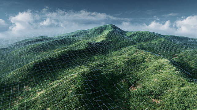 A panoramic view of a mountain range with lush greenery under a cloudy sky. The landscape is marked by a grid overlay, suggesting a digital or topographical representation - Powered by Adobe