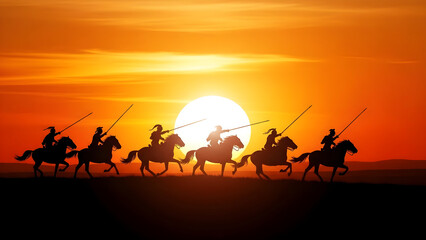Silhouette of horse riders with spears against a vibrant sunset sky