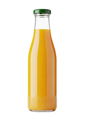 Sleek clear glass bottle with vibrant orange juice, dark green cap, on reflective white surface against transparent background. Refreshing beverage advertisement