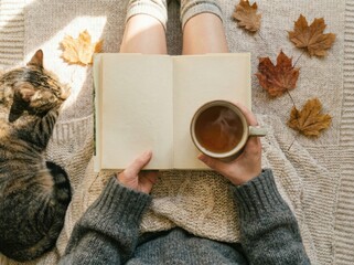 Cozy autumn scene with a person in a warm sweater reading a book and holding a cup of tea, a cat lying nearby, and colorful fall leaves scattered on a knitted blanket.