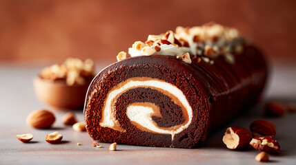 Chocolate roll cake with creamy swirl filling topped with chopped nuts creating a rich dessert composition with warm tones