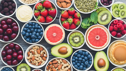 Variety of healthy fruits nuts and seeds in white bowls