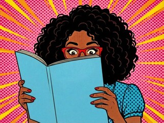 Pop art comic illustration of an excited African American woman with curly hair and red glasses, reading a large blue book against a vibrant pink and yellow burst background.