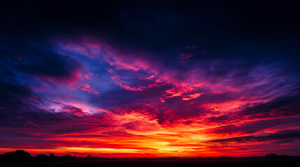 Vivid sunset sky with intense red, orange and purple clouds spreading across the horizon creating a dramatic atmospheric scene filled with glowing color