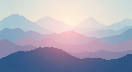 Abstract layered mountain range landscape with soft colors and sunrise