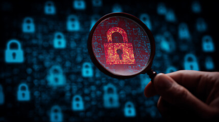 Hand holding magnifying glass over red digital padlock security