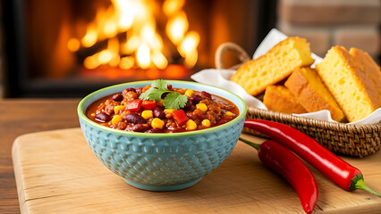 Comforting bowl of chili with cornbread by a warm fireplace in winter