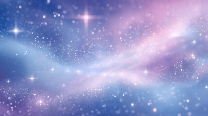 Soft pastel cosmic background with swirling pink and blue light, sparkling stars and floating particles
