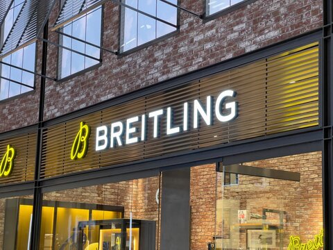 Stockholm, Sweden - Mars 22, 2025: Breitling store sign. Breitling SA is a Swiss luxury watchmaker.