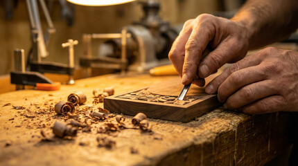Close-up shot of a master carpenter using a chisel to create a design on wood, manual woodworking, and the creation of unique handcrafted wood products