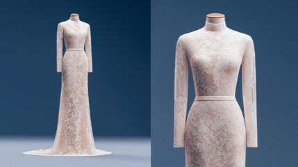 Elegant long lace gown on mannequin featuring intricate floral patterns and sheer sleeves creating a refined luxurious bridal fashion look