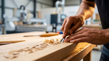man works with wood, creating a decorative pattern. A close-up of the craftsman's hands, focused on his work. Concept of traditional handcrafted wood products