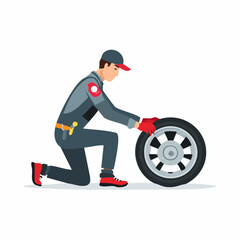 Mechanic in uniform installing car tire in auto repair shop, showcasing automotive maintenance and skilled labor in a professional setting.