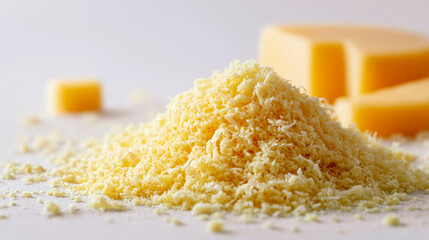 Grated cheese piled in a soft yellow mound with fine textured shreds and blurred cheese blocks behind