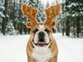 Bulldog Wearing Antlers In Snow Holiday Mascot Posing Among Pine Trees, Tongue Out, Joyful Expression, Cozy Brown Fur, Falling